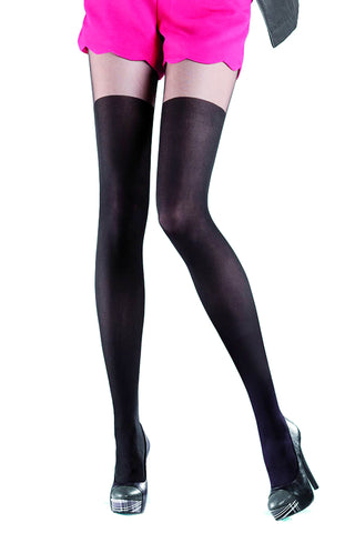 Black Sexy Opaque Faux Hold Up Look Sheer to Waist Nude Tights