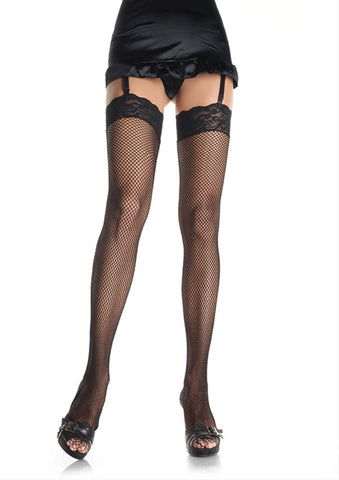 Ladies Stunning Sexy Fishnet Back Black Seam Line Lace Top Hold Ups One Size UK 6-12