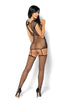 Ladies Glamorous Black Fishnet Floral Lace Mock Suspendered Corset Open Front Bodystocking - One Size S-L