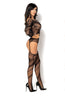 Ladies Elegant Black V Shape Motif Front Low Cut Back Mock Suspendered Corset Long Sleeve Bodystocking - One Size S-L