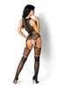 Ladies Stunning Black Fishnet Floral Lace Mock Garter Sleeveless Bodystocking - One Size