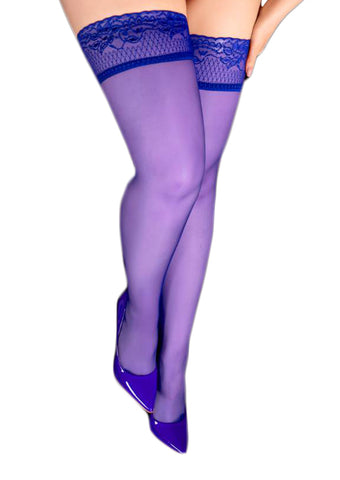 Ladies Elegant Plus Size Royal Blue Fishnet Gorgeous Floral Lace Top Hold Ups