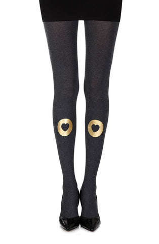 Lovely Opaque Gold Circle & Heart Print 120 Denier Grey Tights