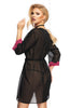Ladies Elegant Sheer Black Chiffon Pink Lace Trim Short Dressing Gown