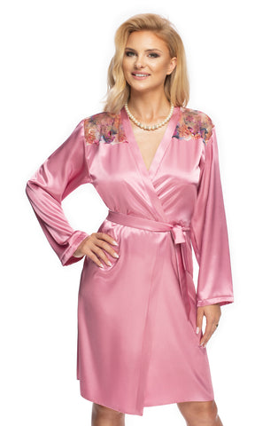Ladies Stunning Satin Floral Embroidered Lace Sleeves Waist Belt Short Dressing Gown