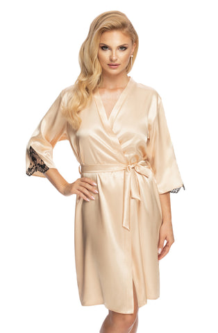 Ladies Elegant High Quality Satin Floral Embroidered Lace Trim Long Sleeves Dressing Gown