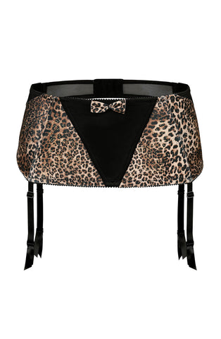 Ladies Elegant Sheer Black Glitter Finish Leopart Print Pretty Bow Suspender Belt A177