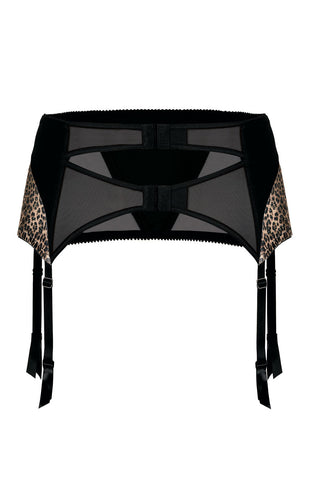 Ladies Elegant Sheer Black Glitter Finish Leopart Print Pretty Bow Suspender Belt A177
