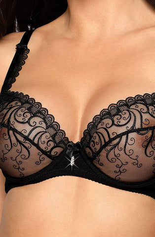 Ladies Gorgeous Sheer Mesh Stunning Swirls Embroidered Lace Diamante Satin Bow Removable Pads Underwired Soft Cup Bra A 176
