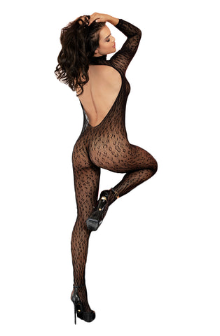 Ladies Gorgeous Black Plus Size Wild Animal Print Stretch Mesh Open Front Low Cut Back Long Sleeves Bodystocking - One Plus Size