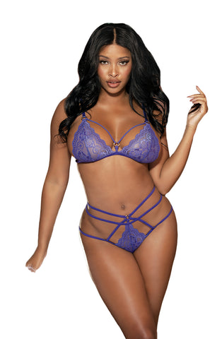 Ladies Gorgeous Stretch Lace Soft Cup Bra & Open Front High Waist Strappy Panty - One Size