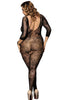 Ladies Gorgeous Black Plus Size Fishnet Flowers Low Cut Back Crotchless Bodystocking - One Plus Size