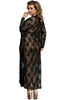 Ladies Fabulous Black Floral Lace Long Sleeves Long Dressing Gown & Thong Set