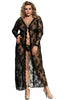 Ladies Fabulous Black Floral Lace Long Sleeves Long Dressing Gown & Thong Set