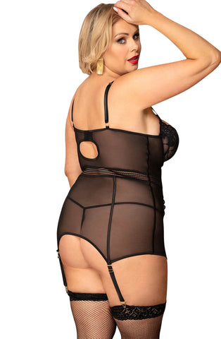 Ladies Fabulous Plus Size Sheer Black Mesh Stunning Lace Front Underwired Cup Suspendered Chemise & Thong Set