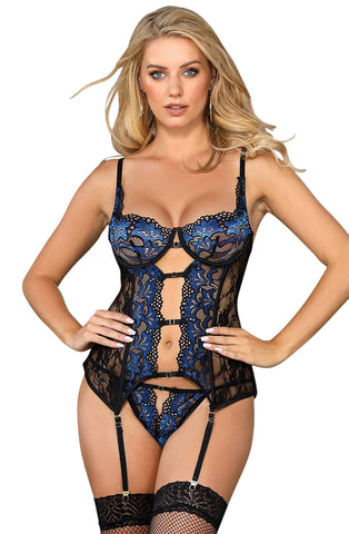 Ladies Gorgeous Black Blue Floral Lace Strappy Underwired Cups Suspendered Corset & Thong Set
