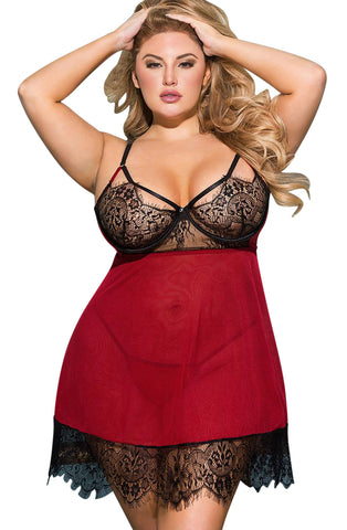 Ladies Gorgeous Dark Red Fabulous Eyelashes Lace Trim Underwired Cup Babydoll & Thong Set