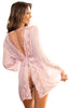 Ladies Stunning Sheer Pink Mesh Gorgeous Floral Lace Trim Open Back Satin Belt Long Sleeves Dressing Gown & Thong Set