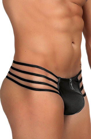 Naughty Mens Black Matte Look Zipped Front Strappy Sides Thong
