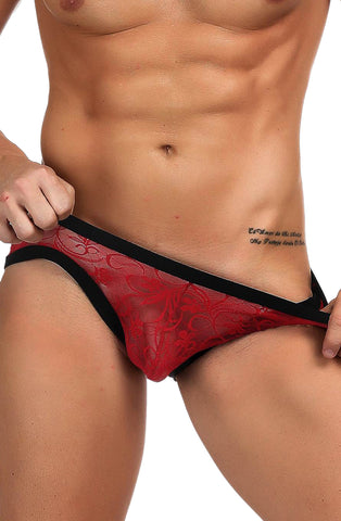 Super Sexy Red Floral Sheer Lace Black Trim Mens Brief