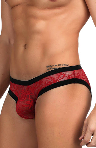 Super Sexy Red Floral Sheer Lace Black Trim Mens Brief