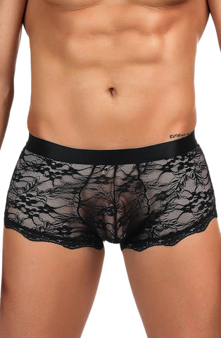 Gorgeous Black Sheer Floral Lace Satin Criss Cross Back Mens Boxer Brief