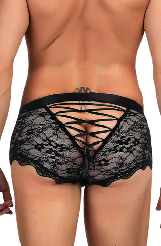 Gorgeous Black Sheer Floral Lace Satin Criss Cross Back Mens Boxer Brief