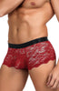 Gorgeous Red Sheer Floral Lace Satin Criss Cross Back Black Trim Mens Boxer Brief