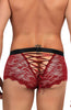 Gorgeous Red Sheer Floral Lace Satin Criss Cross Back Black Trim Mens Boxer Brief