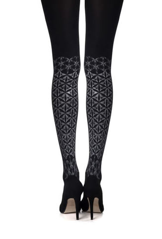 Ladies Elegant Opaque Black Grey Frozen Shapes Over Knee Print 120 Denier Tights