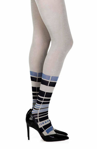 Lovely Black & Blue Stripes Socks Print 100 Denier Opaque Grey Tights