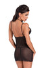 Ladies Charming Black Sheer Mesh V Shape Lace Trimmed Front Chemise & Thong Set