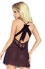 Ladies Gorgeous Black Sheer Tulle Floral Stretch Lace Diamante Satin Bow Low Cut Back Chemise & Thong Set