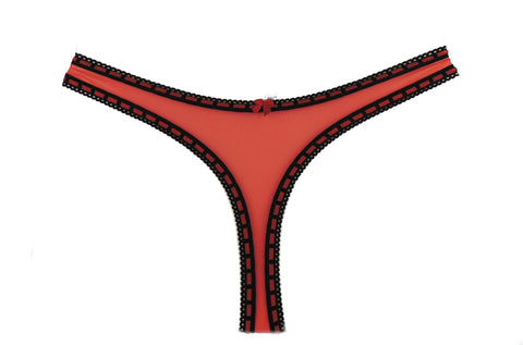 Ladies Sexy Red Sheer Pair Of Thong Edged With Black And Red Ribbon