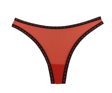 Ladies Sexy Red Sheer Pair Of Thong Edged With Black And Red Ribbon