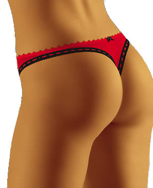 Ladies Sexy Red Sheer Pair Of Thong Edged With Black And Red Ribbon