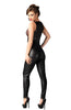 Sexy Black See Through Bust Sleeveless Leather Look Cat Suit