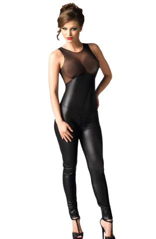 Sexy Black See Through Bust Sleeveless Leather Look Cat Suit