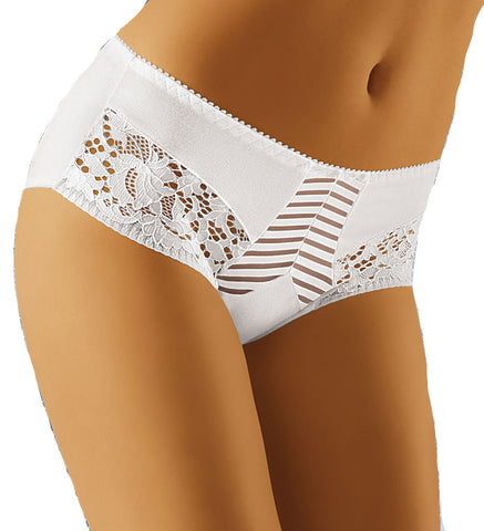 Ladies Elegant Deep Brief With Striped Front & Embroidered Lacy Panels To The Front Sides