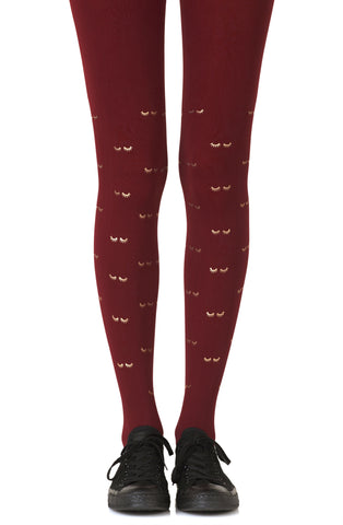 Lovely Opaque Gold Graphic Allover Print 120 Denier Burgundy Tights