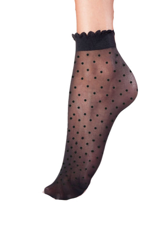 Ladies Classic Black Polka Dot Frill Top Reinforced Toe Socks One Size
