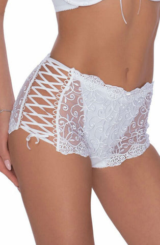 Elegant Scroll Swirls Embroidery & Floral Lace Side Lace Up Briefs Shorts A105