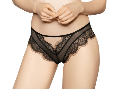 Ladies Beautiful Sheer Black Tulle Floral Eyelashes Lace Thong A 169