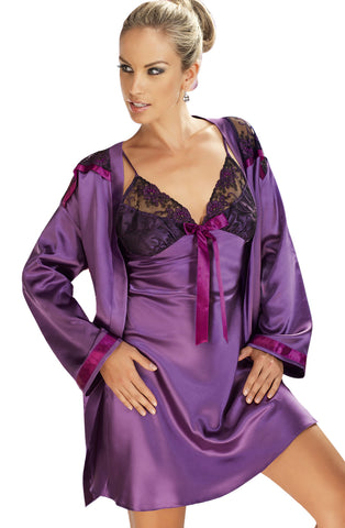 Ladies Fabulous Purple Satin Lace Embroidery Plum Trim Dressing Gown