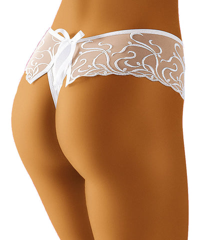 Pretty Sheer Thong With Delicate Embroidery Detail & Back Ribbon Bow