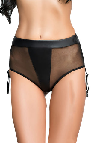 Sexy Black Tulle Mesh Leather Look Panel Knickers