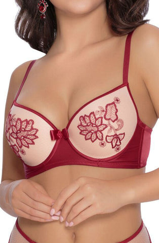 Ladies Gorgeous Sexy Claret Mesh Flower Embroidery & Satin Push Up Bra A137