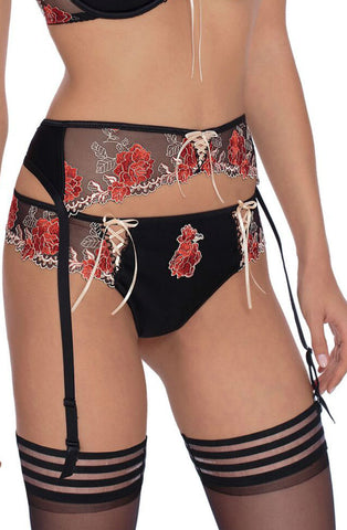 Sexy Ladies Large Rose Embroidered Lace Up Trim Suspender Belt A107
