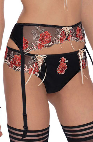 Sexy Ladies Large Rose Embroidered Lace Up Trim Thong A107