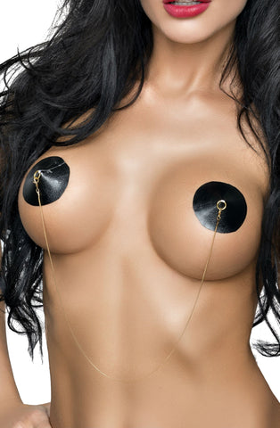 Sexy Black Leather Look Gold Tone Chain Nipple Covers